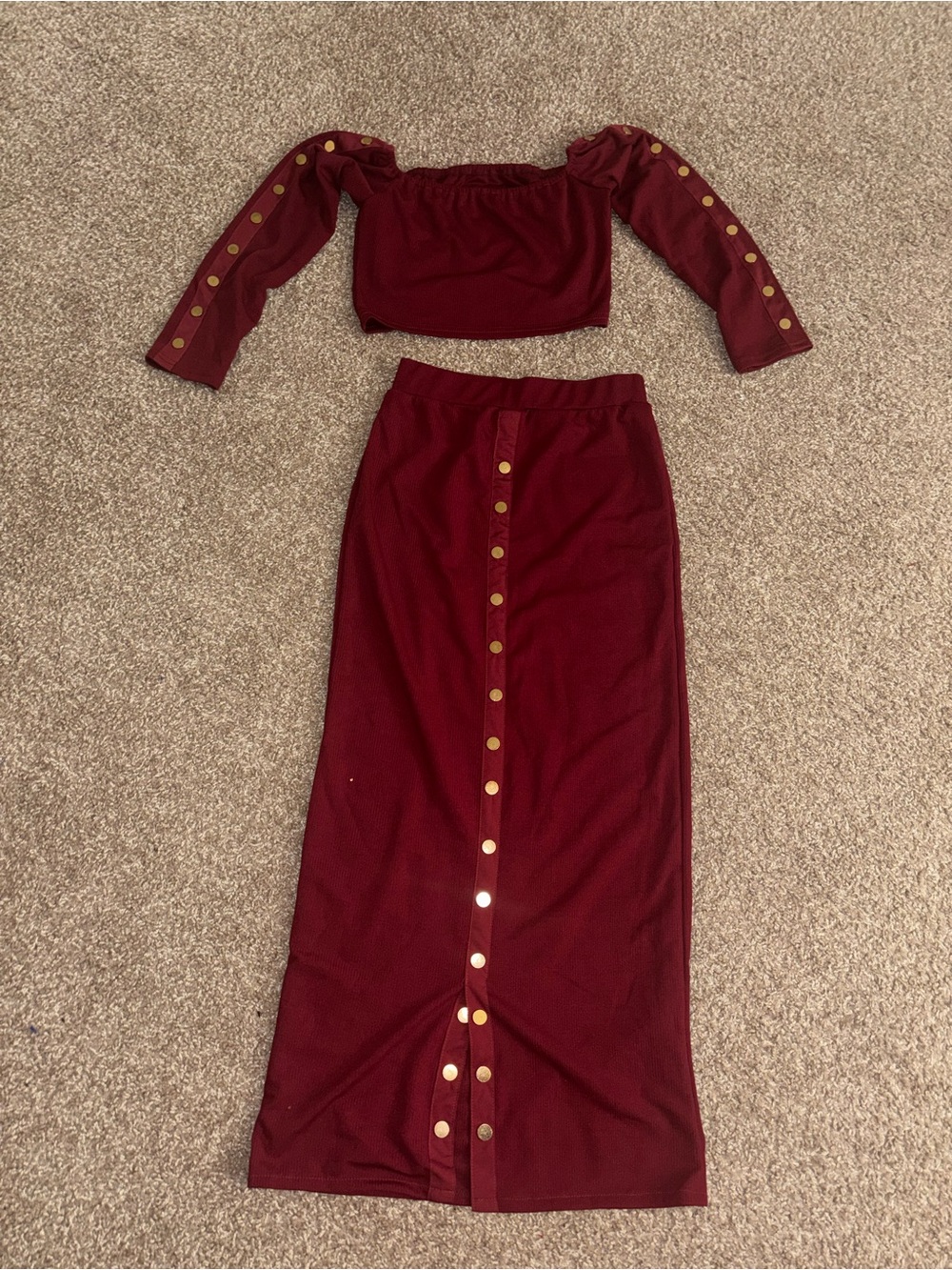 SHEIN Burgundy Two-Piece Button Front Crop Top & Maxi Skirt Set
